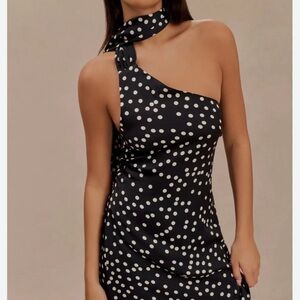 Meshki Black and White Polka Dot Asymmetrical One-Shoulder Dress